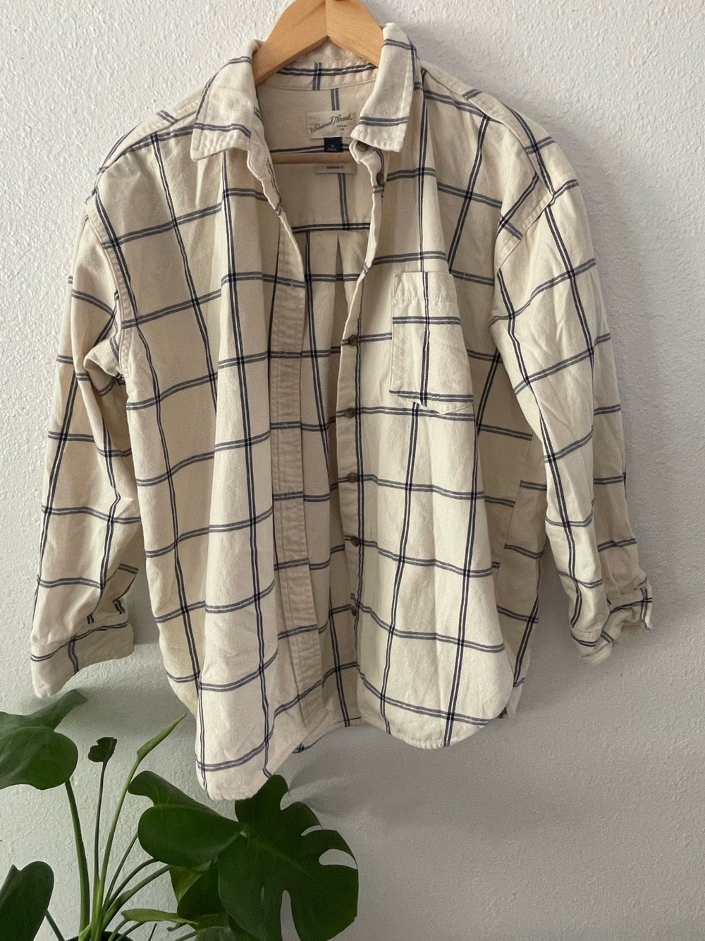 White and Blue Plaid Button-Up Shirt